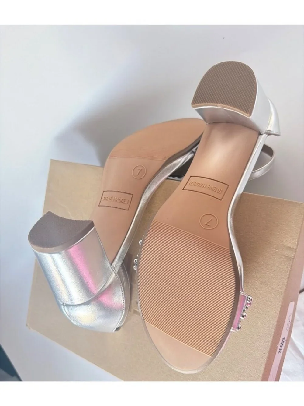 Steve Madden JCarrson Silver Beads Sandals Girls Low Block Heel Big Kid Size 7
